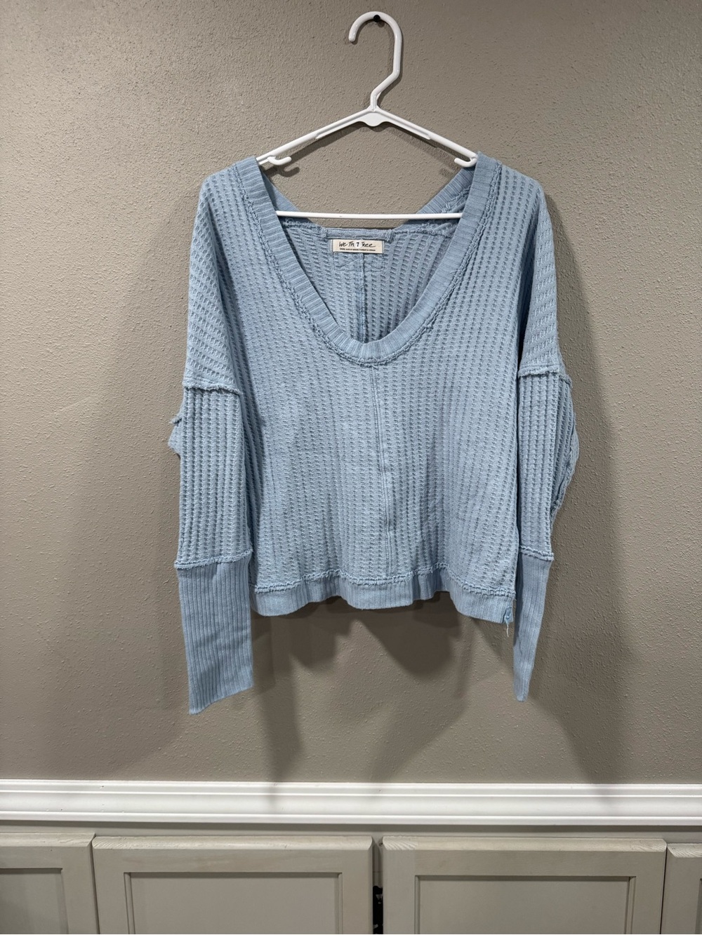 Free People Sky Blue Waffle V-Neck Long Sleeve Top - Picture 4 of 7